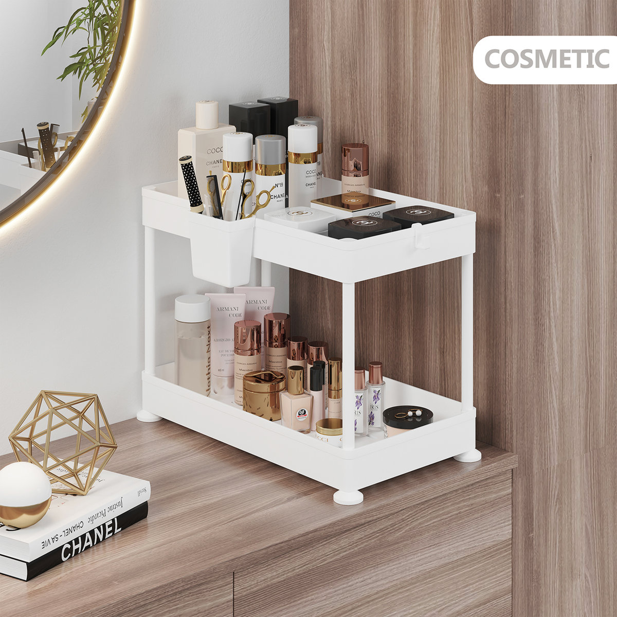 StorageBud Non-Slip Grip Kitchen Under Sink Organizer - Bathroom Cabinet Organizer with Side Caddy (Set of 2)